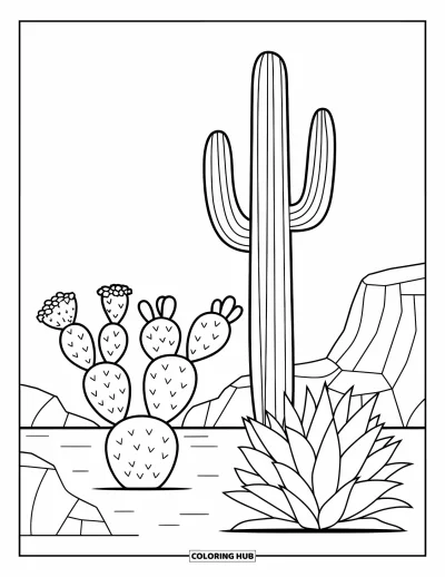 Coloriage d'Arizona pour enfants : Des cactus s'élèvent dans un terrain sablonneux avec des montagnes au loin