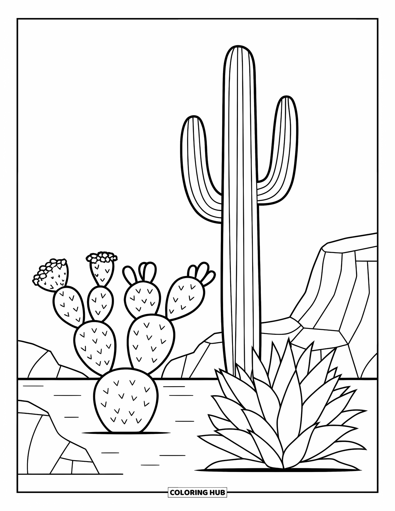 Arizona Coloring Page for Kids: Cactus plants rise in sandy terrain with mountains beyond