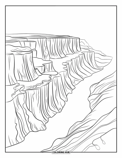 Coloriage d'Arizona pour enfants : Les falaises du Grand Canyon surplombent une rivière sinueuse