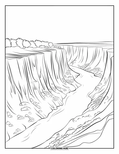 Coloriage d'Arizona pour enfants : Les falaises du Grand Canyon avec de grandes couches rocheuses et des arbres près de la rivière