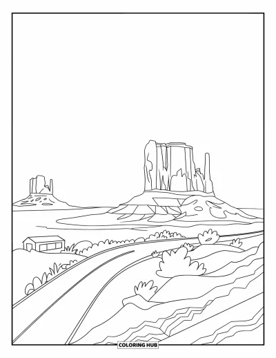 Coloriage d'Arizona pour enfants : Les falaises emblématiques de Monument Valley avec une route et de petits bâtiments