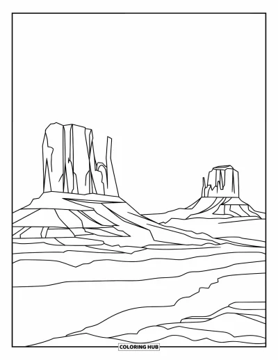 Coloriage d'Arizona pour enfants : Monument Valley façon enfants avec de grosses buttes aux contours marqués
