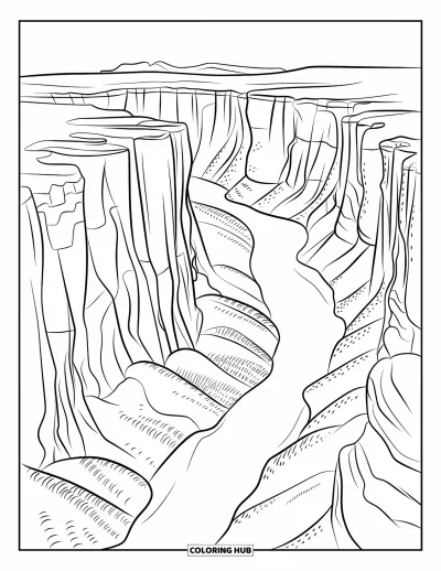 Coloriage d'Arizona pour enfants : Des falaises de canyon en couches avec une rivière qui coule en contrebas