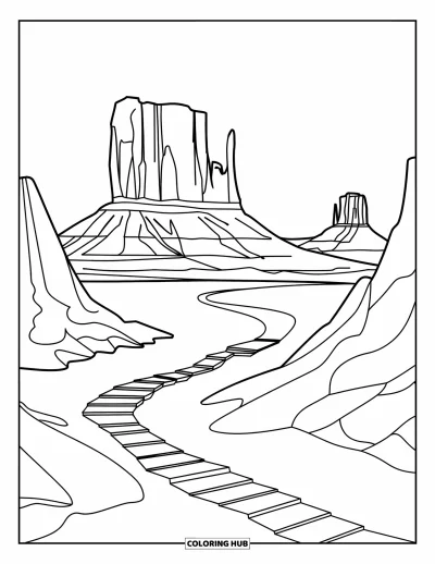Coloriage d'Arizona pour enfants : Les buttes de Monument Valley avec un sentier et un escalier en spirale