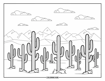 Coloriage d'Arizona pour enfants : Des saguaros s'étendent sur un sol rocheux avec des sommets en arrière-plan