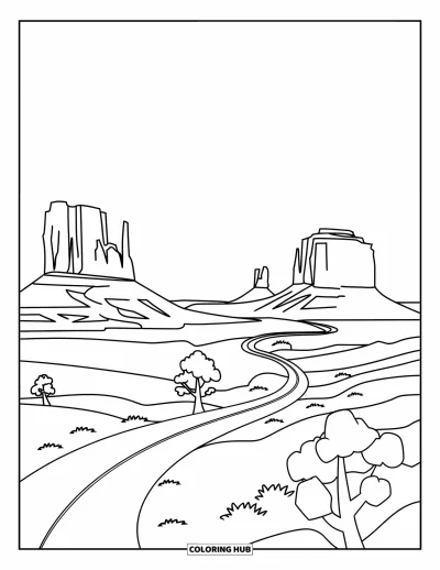 Coloriage d'Arizona pour enfants : Les rochers simplifiés de Monument Valley avec une route sinueuse