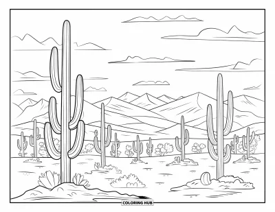 Coloriage d'Arizona pour enfants : De grands saguaros en rangées avec des montagnes derrière eux