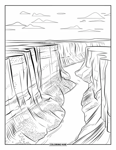 Coloriage d'Arizona pour enfants : Des falaises de canyon texturées avec des nuages en haut et une rivière en bas