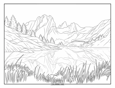 Coloriage d'Australie pour adultes : Une vue apaisante de Cradle Mountain mirée dans le lac Dove