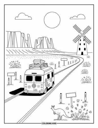 Coloriage d'Australie pour adultes : Un camping-car traverse des falaises, des buissons et des émeus espiègles