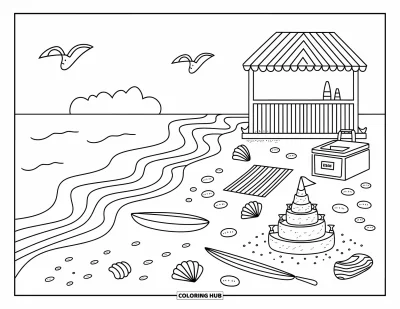 Coloriage d'Australie pour adultes : Un bord de mer chaleureux avec des planches de surf, des coquillages et une cabane de plage rayée