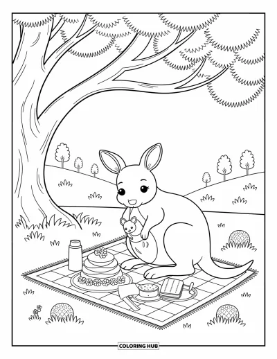 Coloriage d'Australie pour adultes : Un kangourou et son petit se reposent sous un eucalyptus avec des douceurs à portée