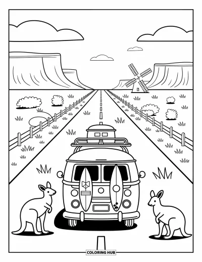 Coloriage d'Australie pour adultes : Un camping-car kawaii roule dans le chaud désert de l'outback
