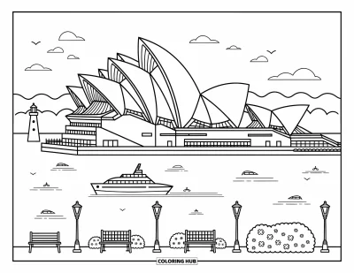 Coloriage d'Australie pour adultes : Un Opéra kawaii avec des bateaux, des bancs et un phare au loin