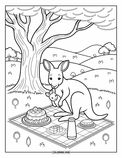 Coloriage d'Australie pour adultes : Une mère kangourou et son petit profitent d'un pique-nique sous un arbre