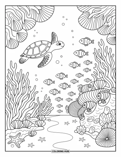 Coloriage d'Australie pour adultes : Une tortue de mer nage au-dessus de coraux avec des poissons clowns alentour