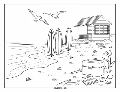 Coloriage d'Australie pour adultes : Un bord de mer avec des planches de surf, des empreintes et une cabane rayée dans le sable