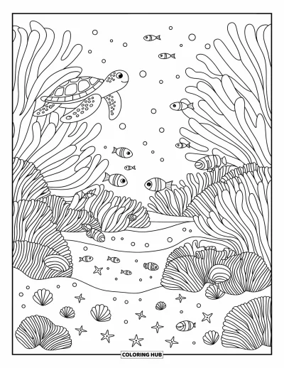Coloriage d'Australie pour adultes : Une tortue glisse au-dessus de coraux avec des poissons clowns en dessous