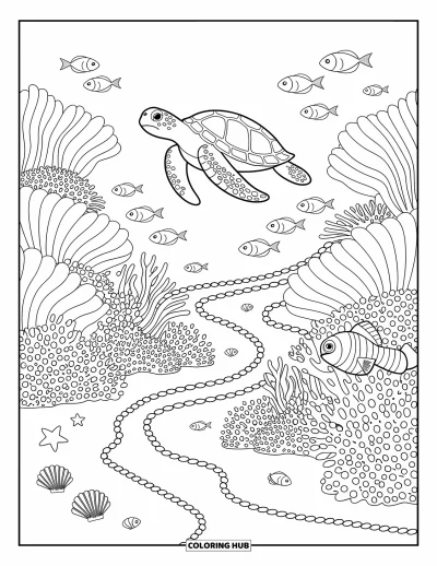 Coloriage d'Australie pour adultes : Un récif sous-marin avec une tortue, des poissons clowns et des poissons espièces