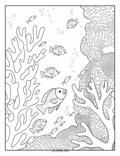 Coloriage d'Australie pour adultes : Une vue sous-marine de coraux et de poissons dans la Grande Barrière de Corail