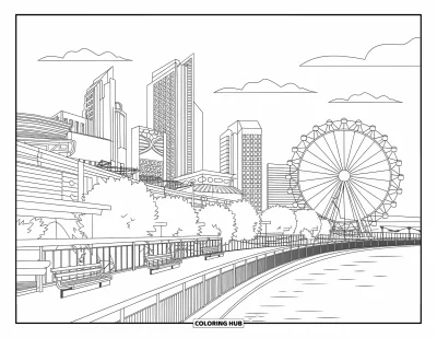 Coloriage d'Australie pour adultes : Le panorama de Brisbane South Bank avec des immeubles aux motifs variés et des arbres