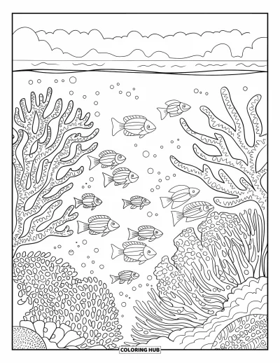 Coloriage d'Australie pour adultes : Un récif corallien avec des poissons et des textures sous la surface de l'eau