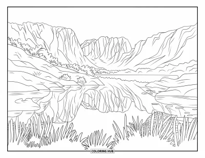 Coloriage d'Australie pour adultes : Cradle Mountain et le lac Dove avec des crêtes, de l'herbe et un terrain rocheux