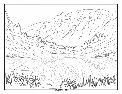 Coloriage d'Australie pour adultes : Cradle Mountain et le lac Dove avec un terrain rocheux, de l'herbe et des arbres épars