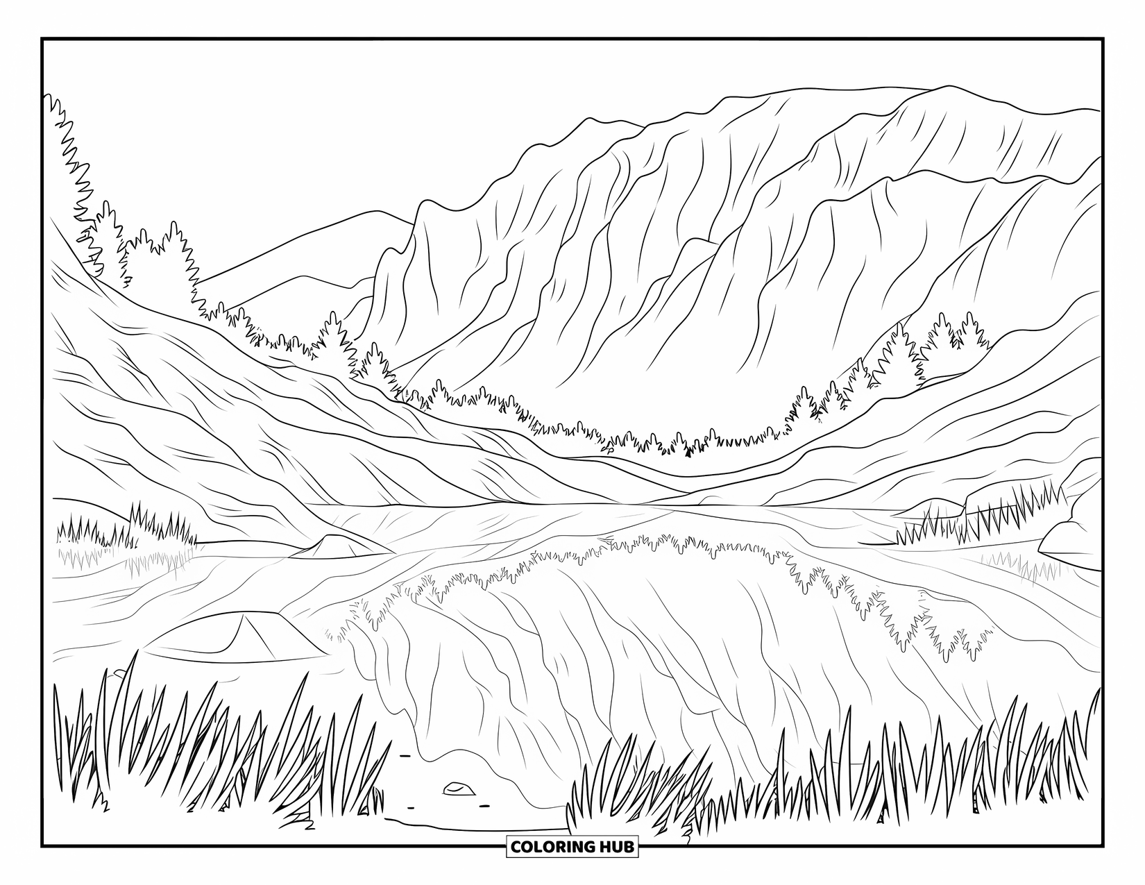Australia Coloring Page for Adults: Cradle Mountain and Dove Lake with rocky terrain, grass, and scattered trees