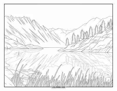 Coloriage d'Australie pour adultes : Cradle Mountain se reflète dans le lac Dove avec un terrain rocheux et de hautes herbes