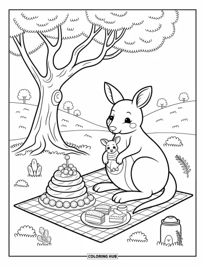 Coloriage d'Australie pour adultes : Un kangourou et son petit se reposent près d'une pavlova, des lamingtons et un thermos