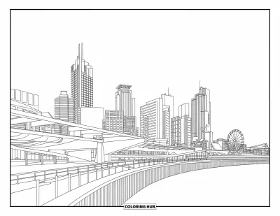 Coloriage d'Australie pour adultes : Le panorama moderne de South Bank avec une promenade et une grande roue
