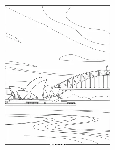 Coloriage d'Australie pour adultes : L'Opéra et le Harbour Bridge avec des motifs d'eau détaillés