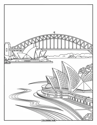 Coloriage d'Australie pour adultes : Vue panoramique de l'Opéra et du Harbour Bridge avec des contours prononcés