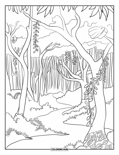 Coloriage d'Australie pour adultes : Un sentier dans la forêt tropicale avec des lianes, des arbres et un sol feuillu
