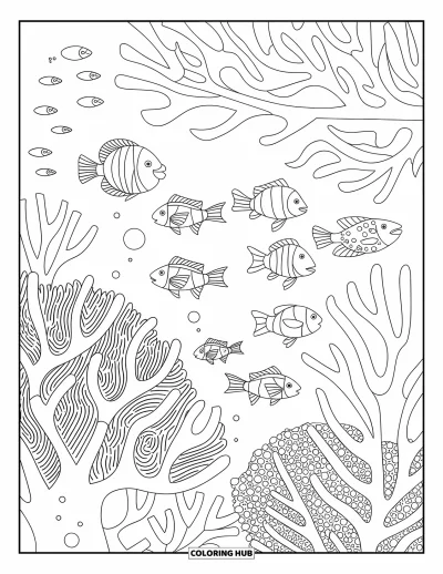 Coloriage d'Australie pour adultes : Un récif avec des coraux, des poissons et des contours bien marqués