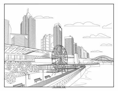 Coloriage d'Australie pour adultes : Le panorama de South Bank avec des immeubles, une promenade, une grande roue et un pont