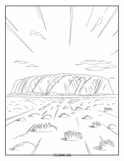Coloriage d'Australie pour adultes : Vue du lever de soleil sur Uluru avec de longues ombres et de la végétation