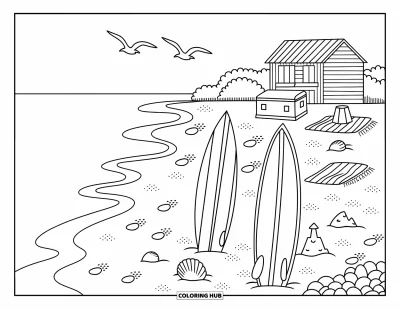Coloriage d'Australie pour adultes : Des planches de surf, des coquillages et une cabane de plage forment une scène côtière pleine de vie