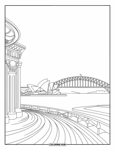 Coloriage d'Australie pour adultes : L'Opéra de Sydney et le Harbour Bridge au-dessus d'une eau ondulante