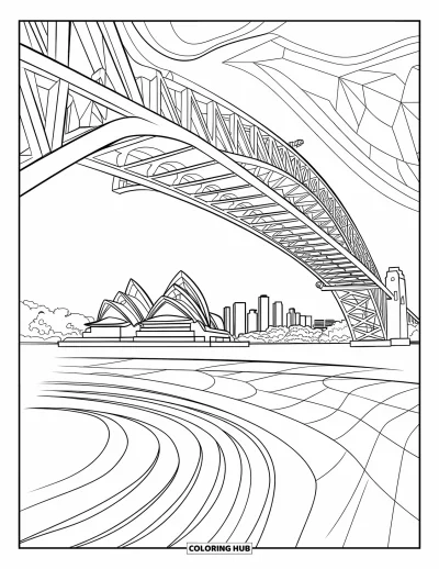 Coloriage d'Australie pour adultes : L'Opéra de Sydney et le Harbour Bridge avec le panorama urbain et des vagues ondulantes
