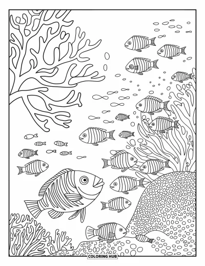 Coloriage d'Australie pour adultes : La Grande Barrière de Corail avec des branches coralliennes et des poissons détaillés
