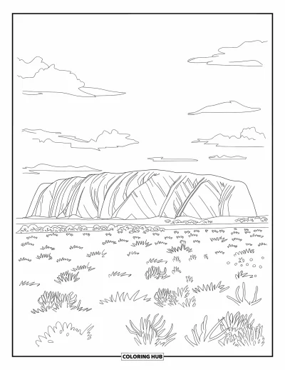 Coloriage d'Australie pour adultes : Uluru au lever du soleil avec ses roches rugueuses et des plantes du désert