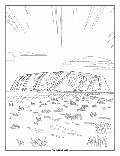 Coloriage d'Australie pour adultes : Le lever de soleil sur Uluru avec une végétation éparse et un ciel dégagé