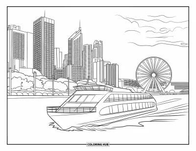 Coloriage d'Australie pour enfants : Un ferry de Brisbane navigue devant le panorama urbain et la grande roue