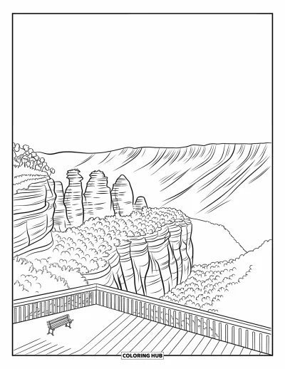 Coloriage d'Australie pour enfants : Un belvédère en bord de falaise domine les Trois Sœurs et des vallées boisées