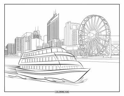 Coloriage d'Australie pour enfants : Un ferry glisse sur la Brisbane River avec la ville et une grande roue derrière