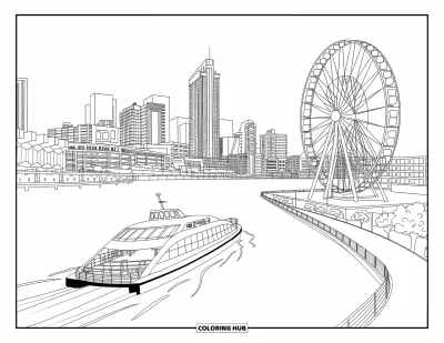 Coloriage d'Australie pour enfants : Un ferry avec des passagers traverse la paisible Brisbane River près de la ville