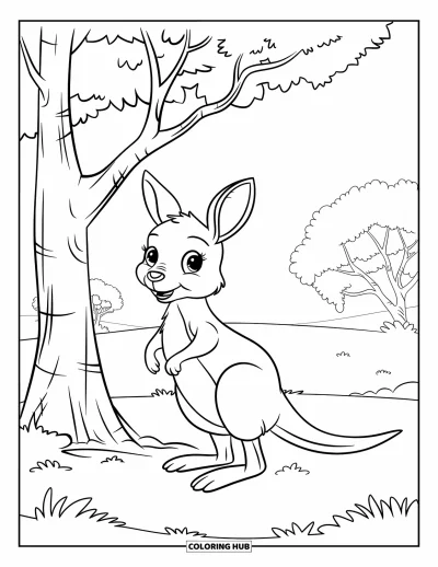 Coloriage d'Australie pour enfants : Un kangourou bondit près d'un arbre dans l'outback