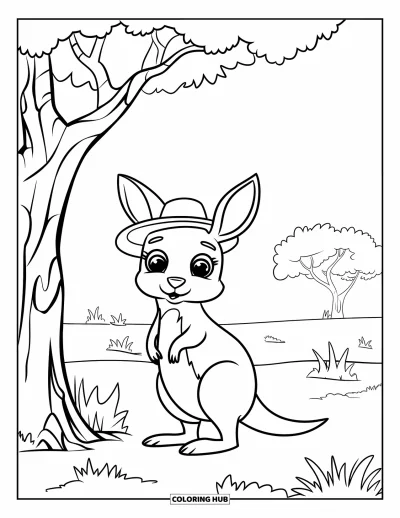 Coloriage d'Australie pour enfants : Un kangourou avec un chapeau se tient près d'un arbre isolé